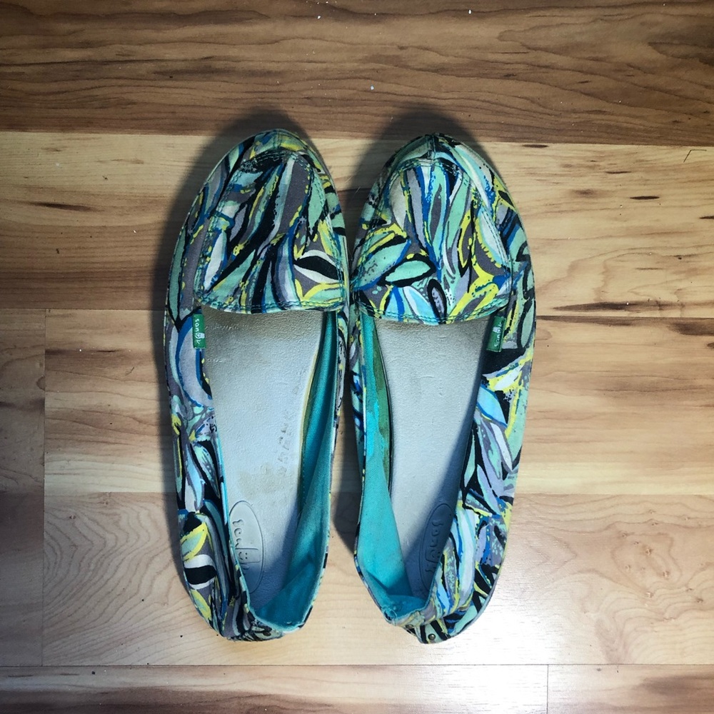 Teal green Sanuk slip ons
